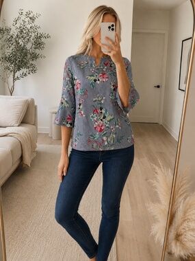 Tacera Blue Striped Floral Cotton Blouse Small